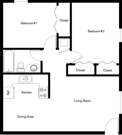 A floor plan of a house with two bedrooms, a living room, a dining area, a kitchen, a ref, and closets.